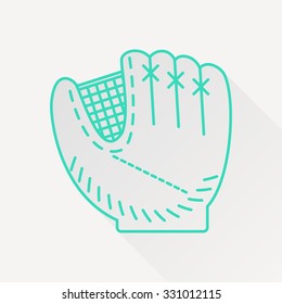 Vector green outline baseball glove icon on white background with long shadow 