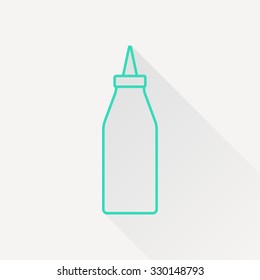 Vector green outline bottle with ketchup icon on white background with long shadow 