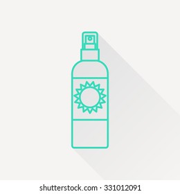 Vector green outline bottle with solar protection on white background with long shadow 