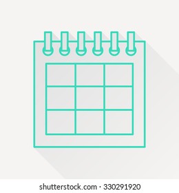 Vector green outline calendar icon on white background with long shadow 