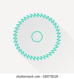 Vector green outline circular saw icon on white background with long shadow 
