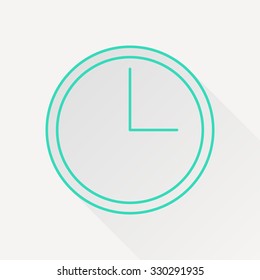 Vector green outline clock icon on white background with long shadow 