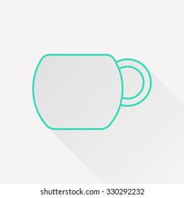 Vector green outline cup for tea or coffee icon on white background with long shadow 