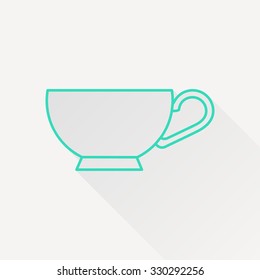 Vector green outline cup for tea or coffee icon on white background with long shadow 