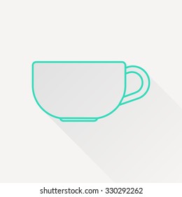 Vector green outline cup for tea or coffee icon on white background with long shadow 
