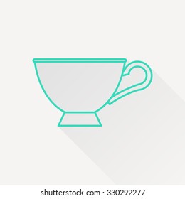 Vector green outline cup for tea or coffee icon on white background with long shadow 