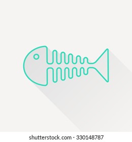 Vector green outline fishbone icon on white background with long shadow 