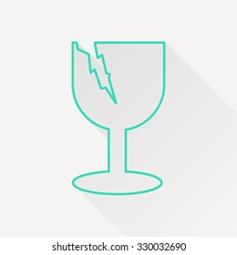 Vector green outline fragile icon on white background with long shadow 