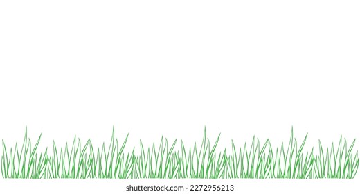 Vector green outline of grass isolated on white background. Herbal Border, horizontal bottom edging, lawn panoramic landscape. Template, design element, illustration