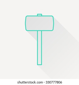 Vector green outline hammer icon on white background with long shadow 
