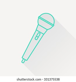 Vector green outline hand microphone icon on white background with long shadow 