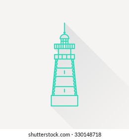 Vector green outline lighthouse icon on white background with long shadow 