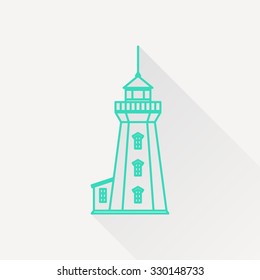 Vector green outline lighthouse icon on white background with long shadow 