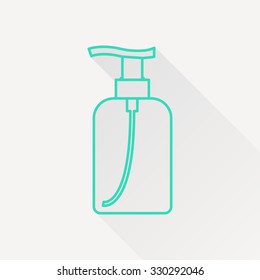 Vector green outline liquid soap bottle on white background with long shadow . Cosmetic icon 