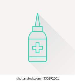 Vector green outline nasal spray bottle on white background with long shadow . Medical icon 