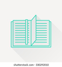 Vector green outline notebook icon on white background with long shadow 