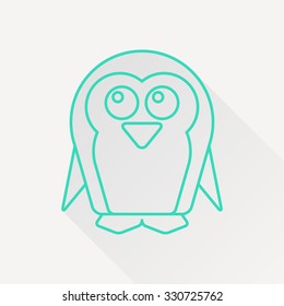 Vector green outline penguin icon on white background with long shadow 