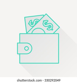 Vector green outline purse icon on white background with long shadow 