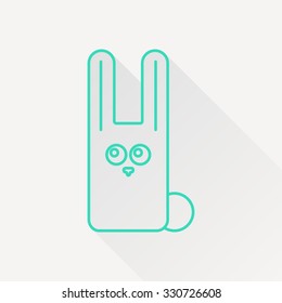 Vector green outline rabbit icon on white background with long shadow 