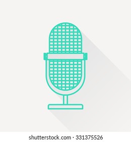 Vector green outline retro microphone icon on white background with long shadow 