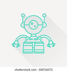 Vector green outline retro robot toy icon on white background with long shadow 