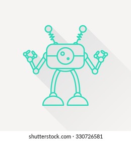 Vector green outline retro robot toy icon on white background with long shadow 