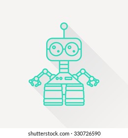 Vector green outline retro robot toy icon on white background with long shadow 