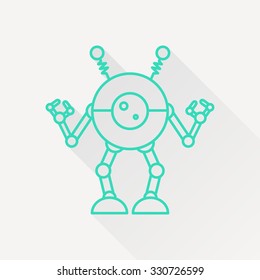 Vector green outline retro robot toy icon on white background with long shadow 