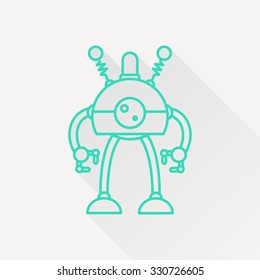 Vector green outline retro robot toy icon on white background with long shadow 