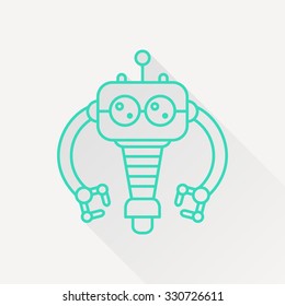 Vector green outline retro robot toy icon on white background with long shadow 