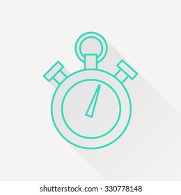 Vector green outline retro stopwatch icon on white background with long shadow 