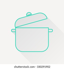Vector green outline saucepan icon on white background with long shadow 