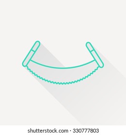 Vector green outline saw icon on white background with long shadow . Industrial equipment 