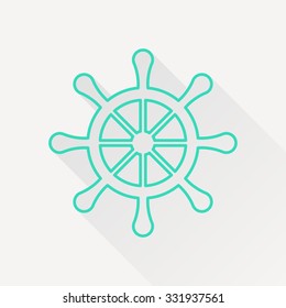 Vector green outline steering wheel icon on white background with long shadow 