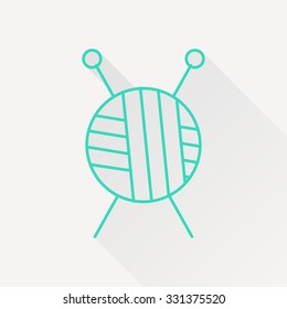 Vector green outline tailor ravel ball of yarn for knitting icon on white background with long shadow 