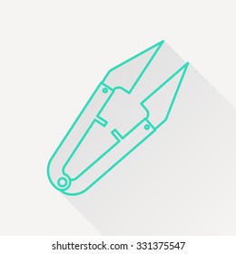 Vector green outline tailor seam ripper icon on white background with long shadow 