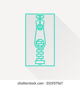 Vector green outline tailor zipper icon on white background with long shadow 