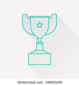 Vector green outline trophy goblet icon on white background with long shadow . Winner award 