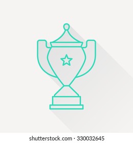Vector green outline trophy goblet icon on white background with long shadow . Winner award 