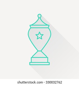Vector green outline trophy goblet icon on white background with long shadow . Winner award 