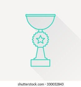 Vector green outline trophy goblet icon on white background with long shadow . Winner award 