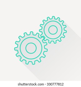 Vector green outline two cogwheels icon on white background with long shadow 