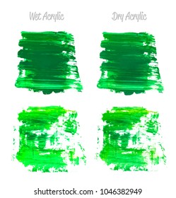 Vector green paint smear stroke stain set. Abstract acrylic textured art illustration. Acrylic Texture Paint Stain Illustration. Hand drawn brush strokes vector elements. St. Patrick's Day.