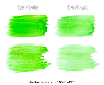 Vector green paint smear stroke stain set. Abstract acrylic textured art illustration. Acrylic Texture Paint Stain Illustration. Hand drawn brush strokes vector elements. Spring and summer colors.
