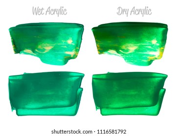 Vector green paint smear stroke stain set. Abstract acrylic textured art illustration. Acrylic Texture Paint Stain Illustration. Hand drawn brush strokes vector elements. Spring and summer colors.