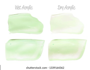 Vector green paint smear stroke stain set. Abstract acrylic textured art illustration. Acrylic Texture Paint Stain Illustration. Hand drawn brush strokes vector elements. Spring and summer colors.