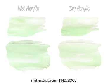 Vector green paint smear stroke stain set. Abstract acrylic textured art illustration. Acrylic Texture Paint Stain Illustration. Hand drawn brush strokes vector elements. Spring and summer colors.