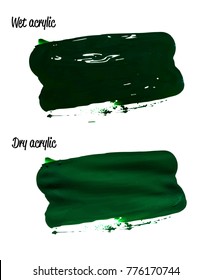 Vector green paint smear stroke set. Abstract dark green glittering textured art illustration. Wet and Dry Acrylic Texture Paint Illustration. Hand drawn brush strokes vector design elements.