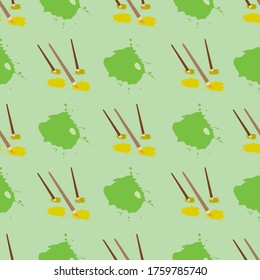 Vector Green with Paint Splats and Paint Brushes seamless pattern background from Create Art Collection. Geometric modern repeat pattern tile featuring art media good for stationery and packaging.