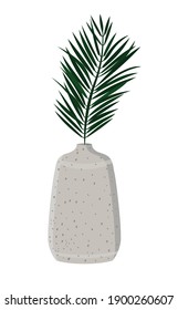 Vector green palm branch in a gray vase isolated on a white background. Perfect for postcards, stickers, home flower illustrations, and home decor.